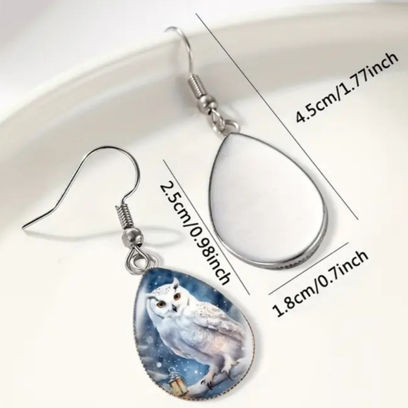 Farmhouse earrings Owl Cry teardrop Blue White animal print rustic - Picture 2 of 6